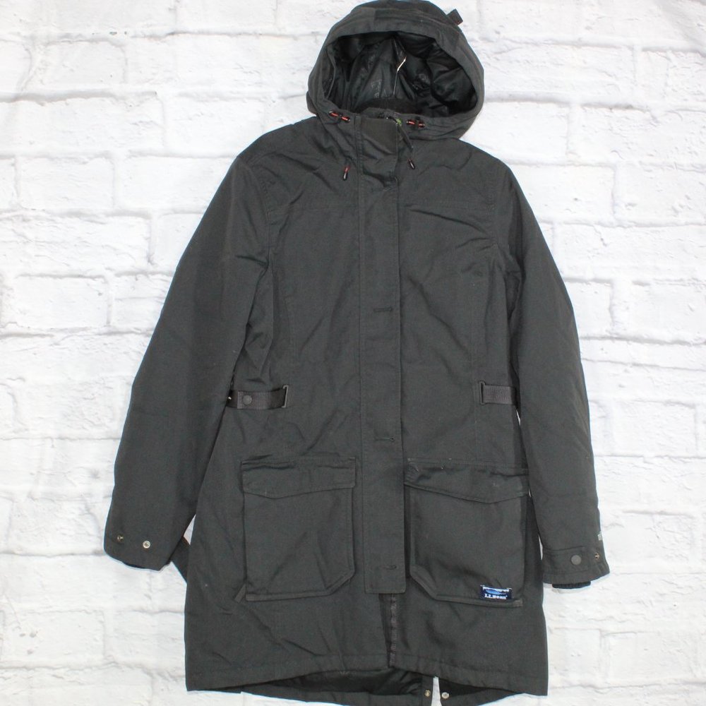 LL BEAN Black Nylon Polyester Long Hoody Winter Coat Size M - Picture 1 of 8